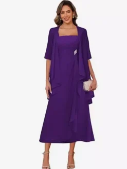 Robe de mère de la mariée col carré manches mi-longues deux pièces plissées robe d'invitée pour mariage