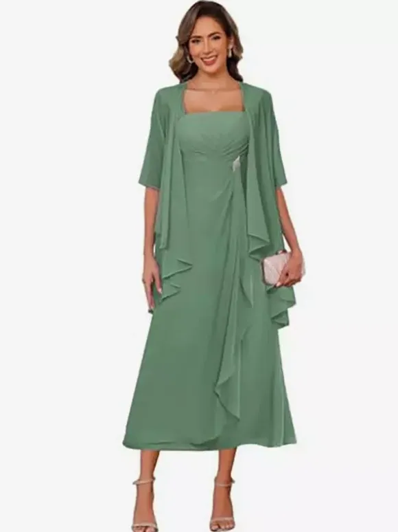 Robe de mère de la mariée col carré manches mi-longues deux pièces plissées robe d'invitée pour mariage