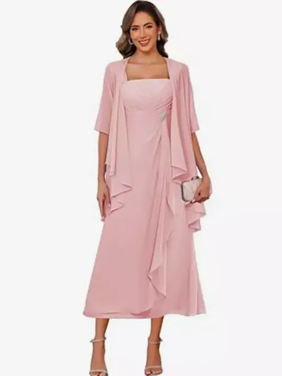 Robe de mère de la mariée col carré manches mi-longues deux pièces plissées robe d'invitée pour mariage