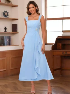 Robe de mère de la mariée col carré manches mi-longues deux pièces plissées robe d'invitée pour mariage