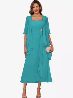 Robe de mère de la mariée col carré manches mi-longues deux pièces plissées robe d'invitée pour mariage