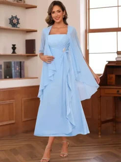 Robe de mère de la mariée col carré manches mi-longues deux pièces plissées robe d'invitée pour mariage