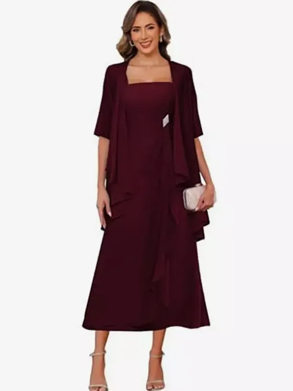 Robe de mère de la mariée col carré manches mi-longues deux pièces plissées robe d'invitée pour mariage
