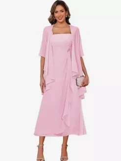 Robe de mère de la mariée col carré manches mi-longues deux pièces plissées robe d'invitée pour mariage