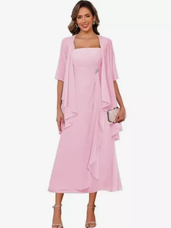 Robe de mère de la mariée col carré manches mi-longues deux pièces plissées robe d'invitée pour mariage
