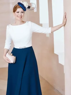 Robe de mère de la mariée à col en V et manches courtes longueur thé perles robes d'invitées pour mariage