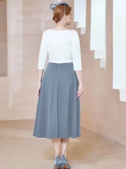 Robe de mère de la mariée à col en V et manches courtes longueur thé perles robes d'invitées pour mariage