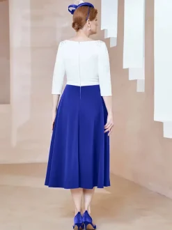 Robe de mère de la mariée à col en V et manches courtes longueur thé perles robes d'invitées pour mariage