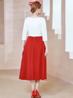 Robe de mère de la mariée à col en V et manches courtes longueur thé perles robes d'invitées pour mariage