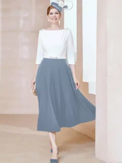 Robe de mère de la mariée à col en V et manches courtes longueur thé perles robes d'invitées pour mariage