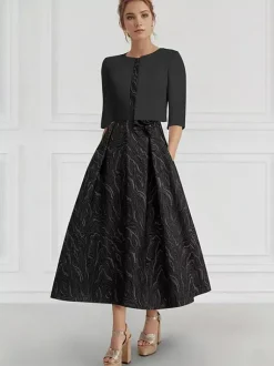 Robe de mère de la mariée col rond manches 3/4 deux pièces fleurs robe d'invitée de mariage