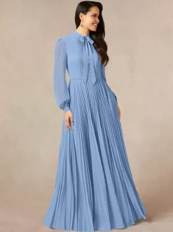 Robe de mère de la mariée décolleté travaillé manches longues coupe trapèze n艙uds robe d'invitée longue pour un mariage