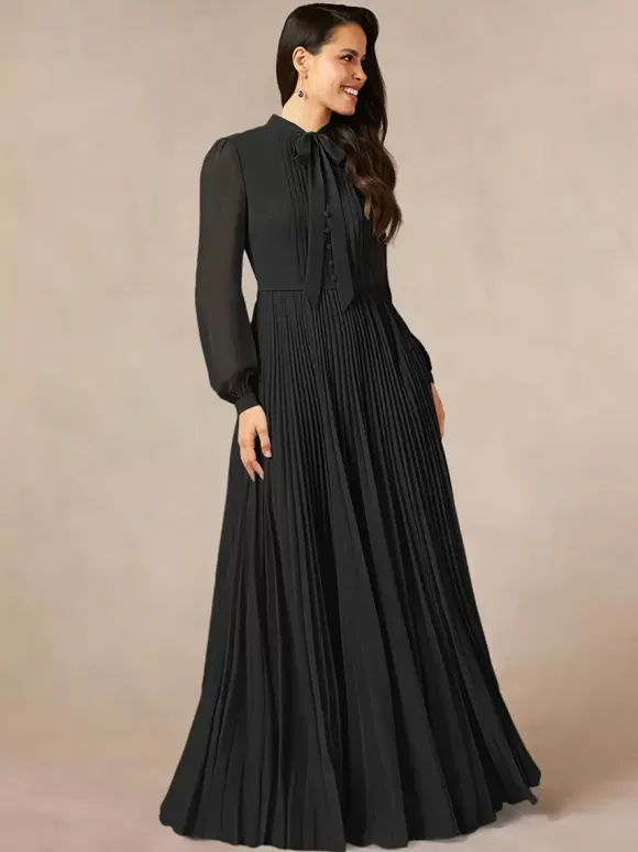 Robe de mère de la mariée décolleté travaillé manches longues coupe trapèze n艙uds robe d'invitée longue pour un mariage