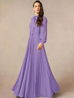 Robe de mère de la mariée décolleté travaillé manches longues coupe trapèze n艙uds robe d'invitée longue pour un mariage