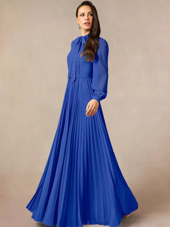 Robe de mère de la mariée décolleté travaillé manches longues coupe trapèze n艙uds robe d'invitée longue pour un mariage