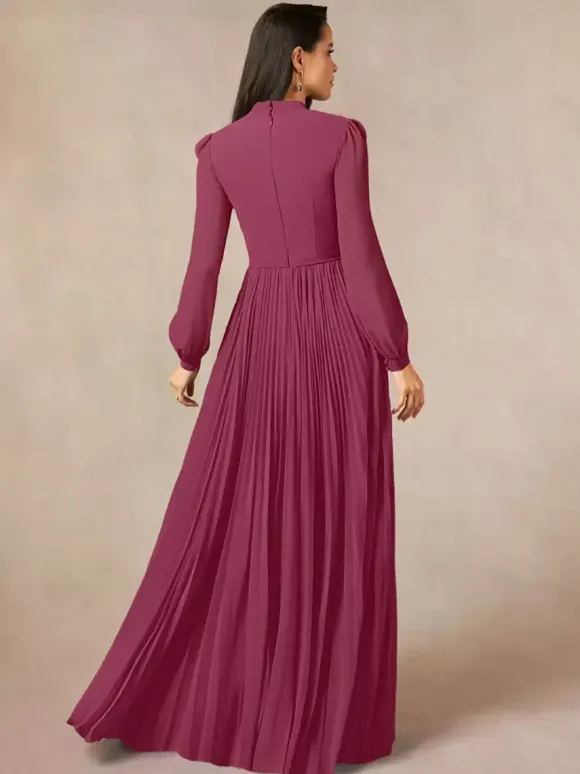 Robe de mère de la mariée décolleté travaillé manches longues coupe trapèze n艙uds robe d'invitée longue pour un mariage