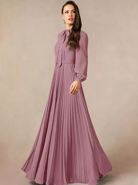 Robe de mère de la mariée décolleté travaillé manches longues coupe trapèze n艙uds robe d'invitée longue pour un mariage