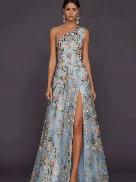 Robe de mère de la mariée décolleté travaillé sans manches coupe trapèze fente sur le devant robe d'invitée de mariage