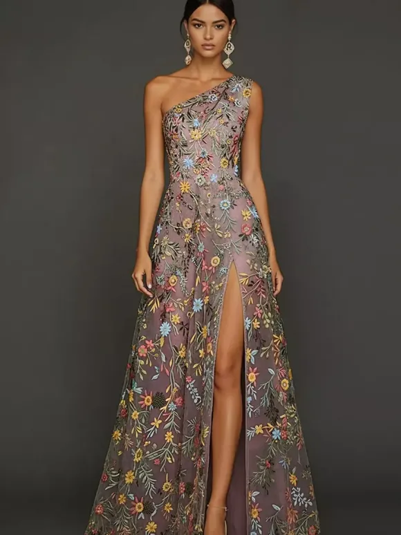 Robe de mère de la mariée décolleté travaillé sans manches coupe trapèze fente sur le devant robe d'invitée de mariage