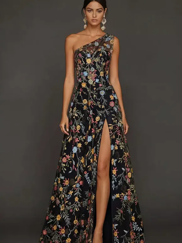 Robe de mère de la mariée décolleté travaillé sans manches coupe trapèze fente sur le devant robe d'invitée de mariage