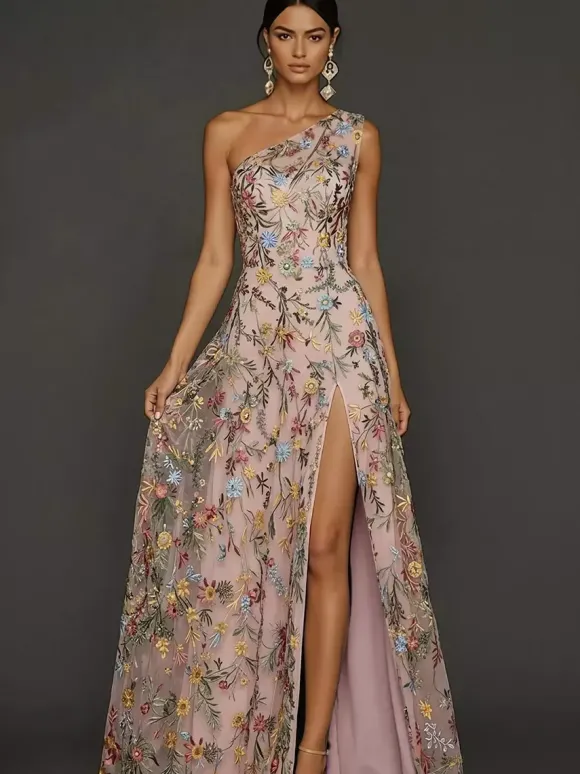 Robe de mère de la mariée décolleté travaillé sans manches coupe trapèze fente sur le devant robe d'invitée de mariage