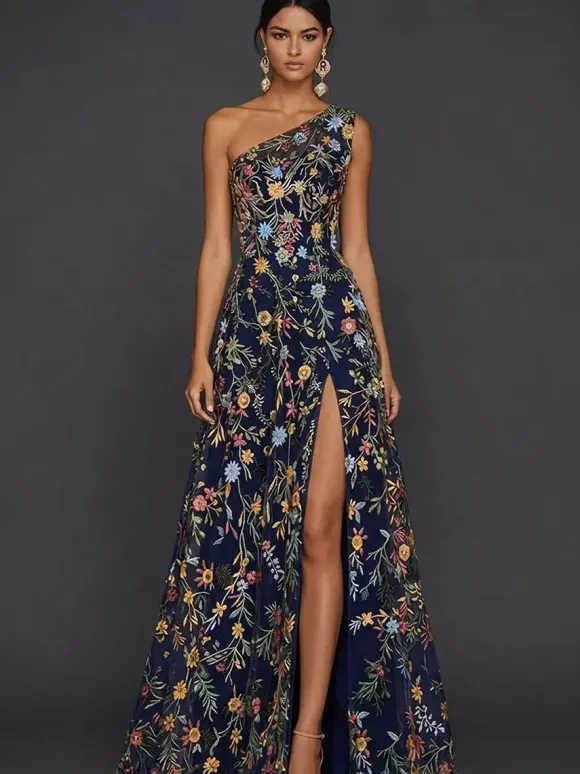 Robe de mère de la mariée décolleté travaillé sans manches coupe trapèze fente sur le devant robe d'invitée de mariage