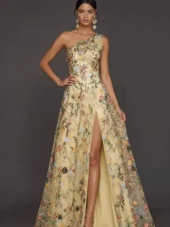 Robe de mère de la mariée décolleté travaillé sans manches coupe trapèze fente sur le devant robe d'invitée de mariage
