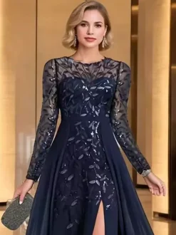 Robe de mère de la mariée robe de soirée col rond manches longues coupe trapèze sequins robe d'invitée de mariage