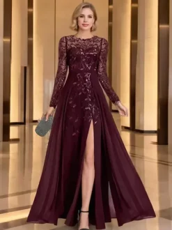 Robe de mère de la mariée robe de soirée col rond manches longues coupe trapèze sequins robe d'invitée de mariage