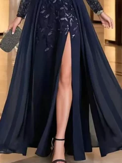 Robe de mère de la mariée robe de soirée col rond manches longues coupe trapèze sequins robe d'invitée de mariage