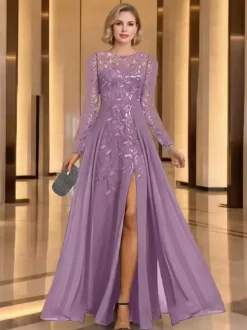 Robe de mère de la mariée robe de soirée col rond manches longues coupe trapèze sequins robe d'invitée de mariage