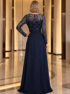 Robe de mère de la mariée robe de soirée col rond manches longues coupe trapèze sequins robe d'invitée de mariage