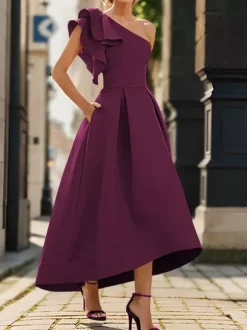 Robe de mère de mairée Robe d'invitée de mariage asymétrique épaule dénudée longueur cheville