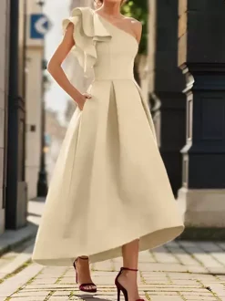 Robe de mère de mairée Robe d'invitée de mariage asymétrique épaule dénudée longueur cheville