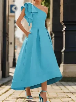 Robe de mère de mairée Robe d'invitée de mariage asymétrique épaule dénudée longueur cheville