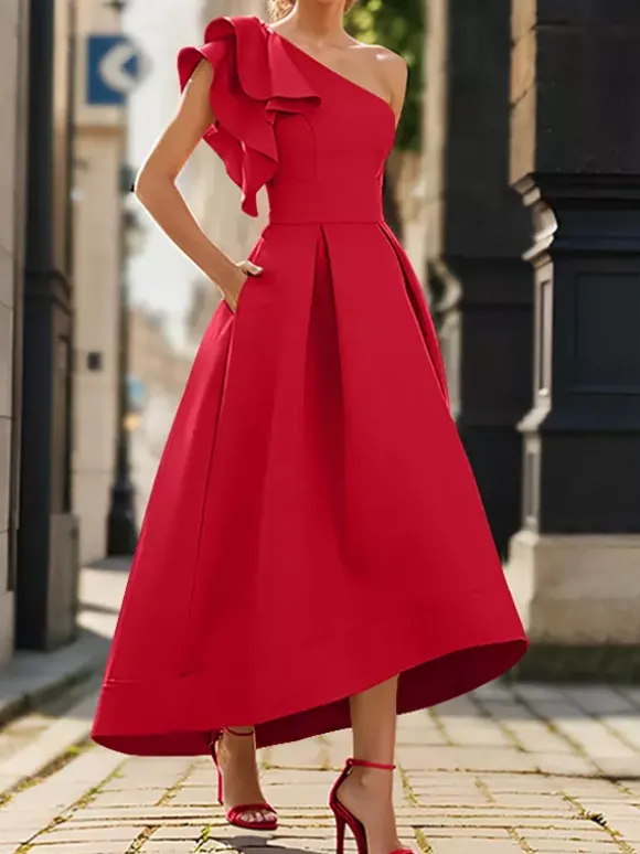 Robe de mère de mairée Robe d'invitée de mariage asymétrique épaule dénudée longueur cheville