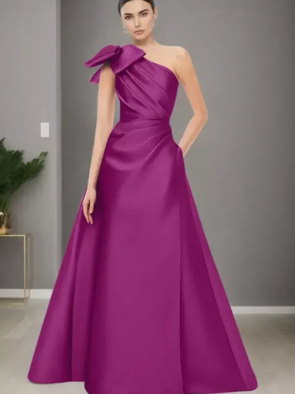 Robe de mère de mariée asymétrique épaule dénudée sans manches ligne a n艙uds longueur au sol robes d'invitées de mariage