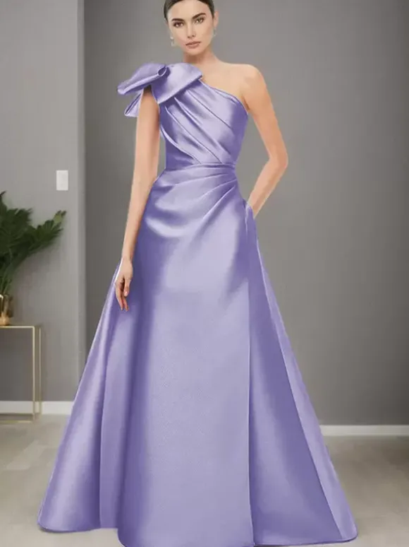 Robe de mère de mariée asymétrique épaule dénudée sans manches ligne a n艙uds longueur au sol robes d'invitées de mariage