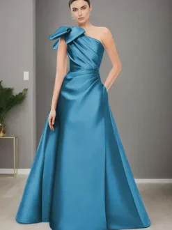 Robe de mère de mariée asymétrique épaule dénudée sans manches ligne a n艙uds longueur au sol robes d'invitées de mariage