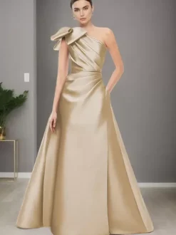 Robe de mère de mariée asymétrique épaule dénudée sans manches ligne a n艙uds longueur au sol robes d'invitées de mariage