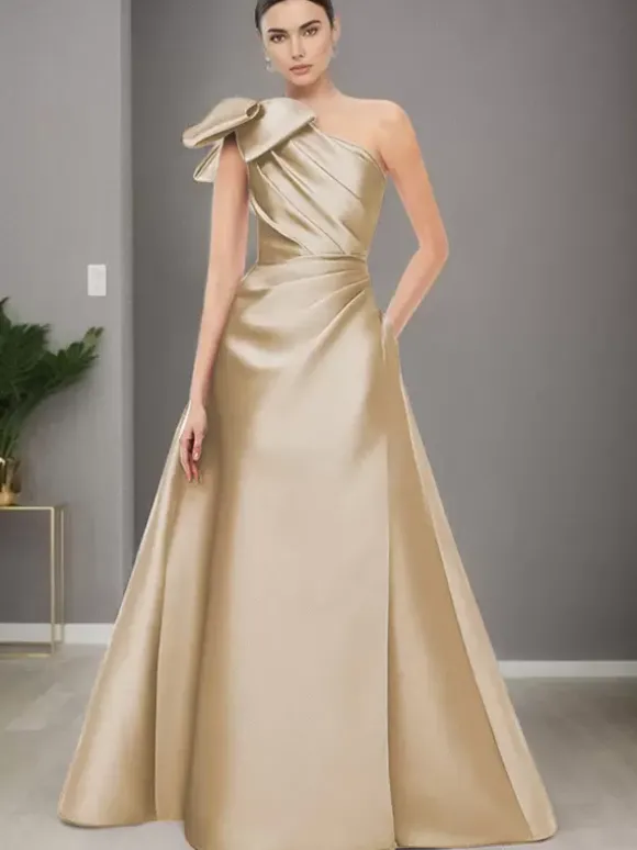 Robe de mère de mariée asymétrique épaule dénudée sans manches ligne a n艙uds longueur au sol robes d'invitées de mariage