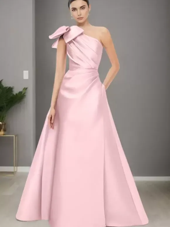 Robe de mère de mariée asymétrique épaule dénudée sans manches ligne a n艙uds longueur au sol robes d'invitées de mariage