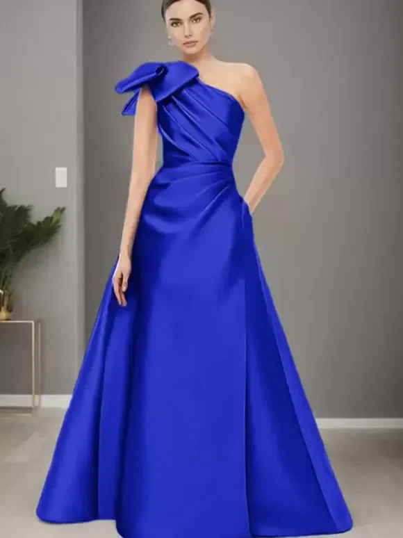 Robe de mère de mariée asymétrique épaule dénudée sans manches ligne a n艙uds longueur au sol robes d'invitées de mariage