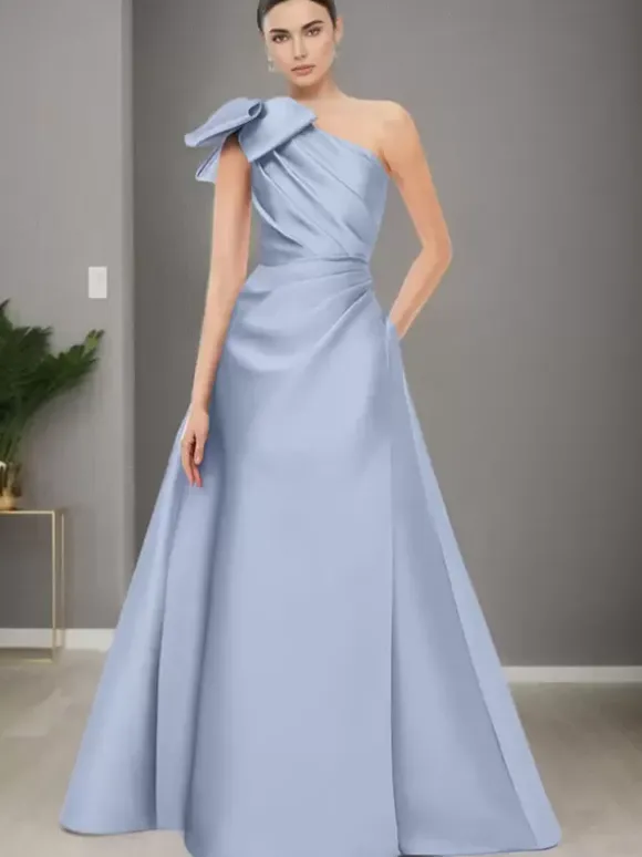 Robe de mère de mariée asymétrique épaule dénudée sans manches ligne a n艙uds longueur au sol robes d'invitées de mariage