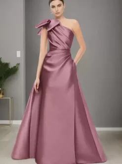 Robe de mère de mariée asymétrique épaule dénudée sans manches ligne a n艙uds longueur au sol robes d'invitées de mariage
