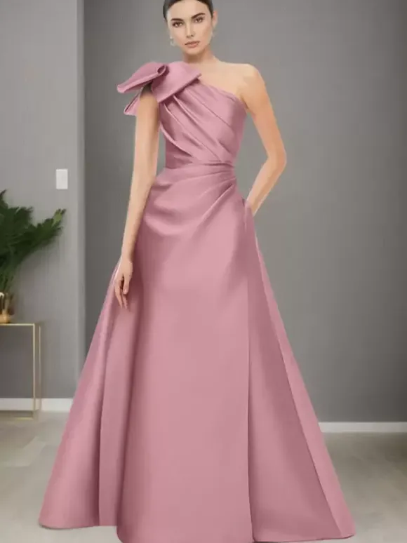 Robe de mère de mariée asymétrique épaule dénudée sans manches ligne a n艙uds longueur au sol robes d'invitées de mariage
