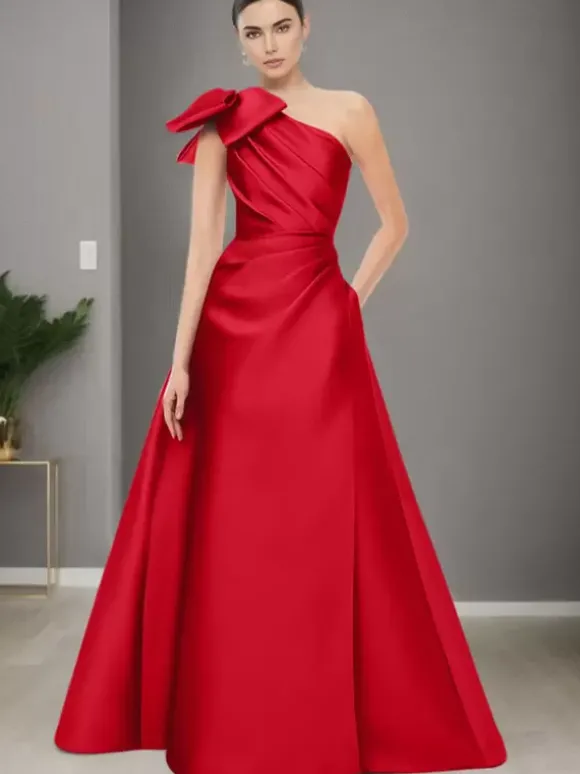 Robe de mère de mariée asymétrique épaule dénudée sans manches ligne a n艙uds longueur au sol robes d'invitées de mariage