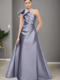 Robe de mère de mariée asymétrique épaule dénudée sans manches ligne a n艙uds longueur au sol robes d'invitées de mariage