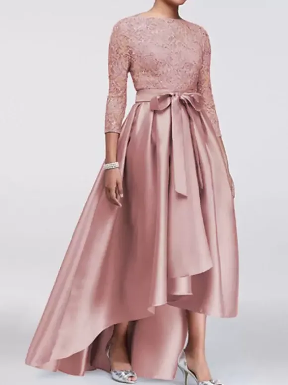 Robe de mère de mariée champagne en satin col rond dos en v manche longue asymétrique décoré de noeud robe invitée mariage