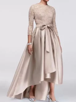 Robe de mère de mariée champagne en satin col rond dos en v manche longue asymétrique décoré de noeud robe invitée mariage